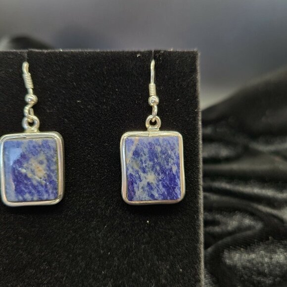 Vintage SI 925 Silver & Sodalite Drop Earrings Rectangular Estate Hook Earwires - Picture 3 of 10